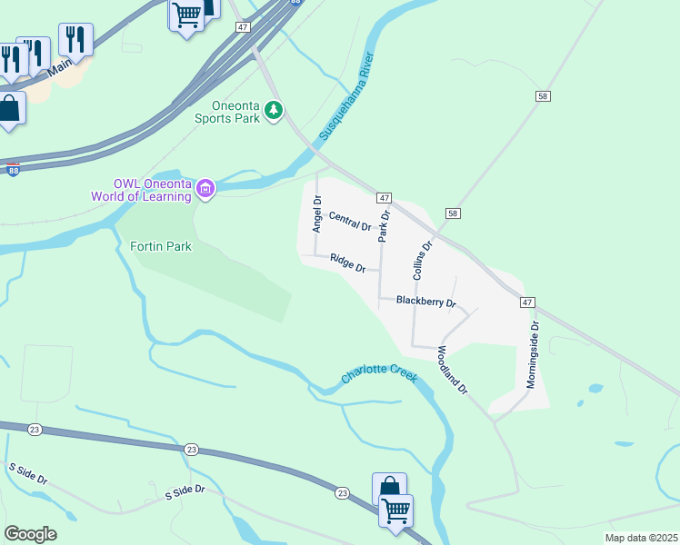 map of restaurants, bars, coffee shops, grocery stores, and more near 117 Ridge Drive in Oneonta