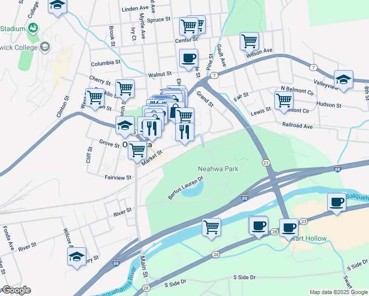 map of restaurants, bars, coffee shops, grocery stores, and more near 53 Market Street in Oneonta