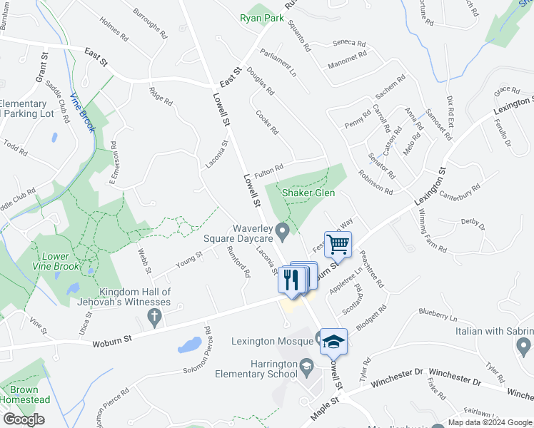 map of restaurants, bars, coffee shops, grocery stores, and more near 469 Lowell Street in Lexington