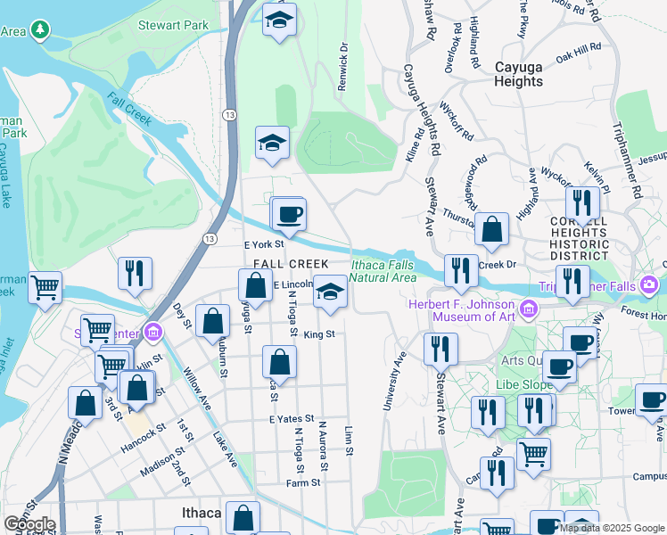 map of restaurants, bars, coffee shops, grocery stores, and more near 317 East Falls Street in Ithaca