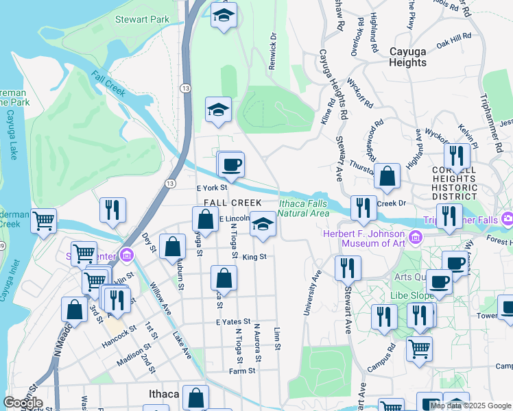 map of restaurants, bars, coffee shops, grocery stores, and more near 305 East Falls Street in Ithaca