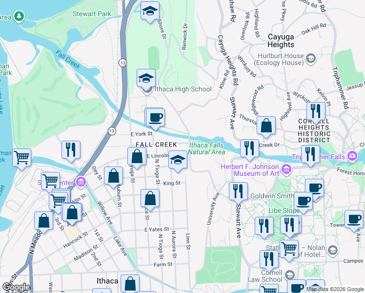 map of restaurants, bars, coffee shops, grocery stores, and more near 316 East Falls Street in Ithaca