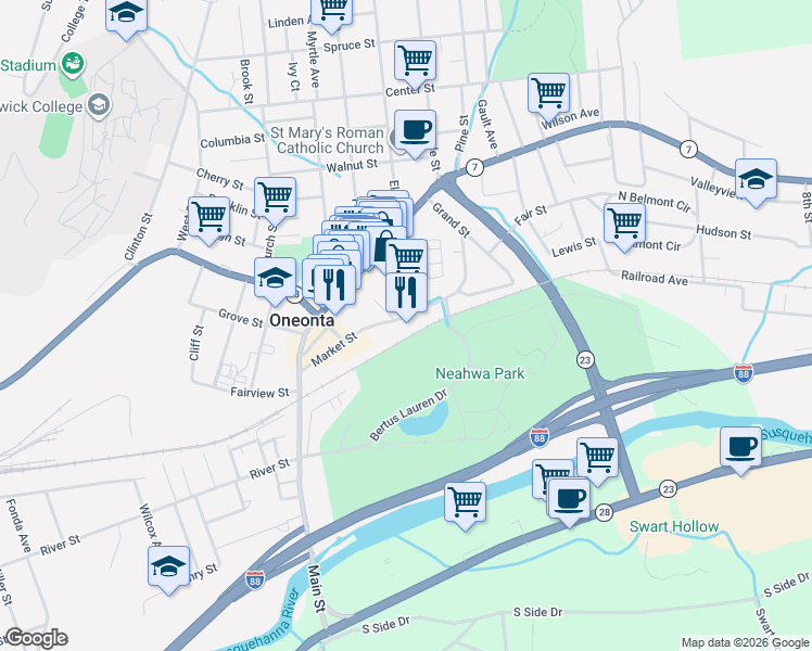 map of restaurants, bars, coffee shops, grocery stores, and more near 58 Market Street in Oneonta