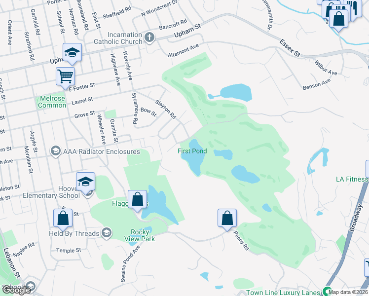 map of restaurants, bars, coffee shops, grocery stores, and more near 15 Stillman Road in Melrose