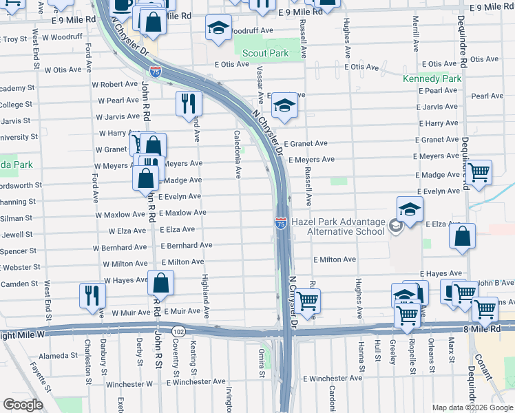 map of restaurants, bars, coffee shops, grocery stores, and more near 751 East Maxlow Avenue in Hazel Park