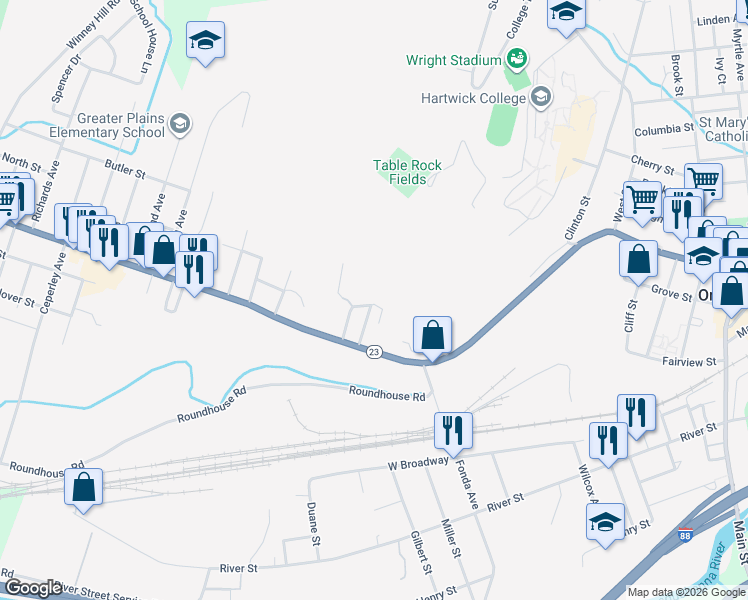 map of restaurants, bars, coffee shops, grocery stores, and more near 10 Thorn Street in Oneonta