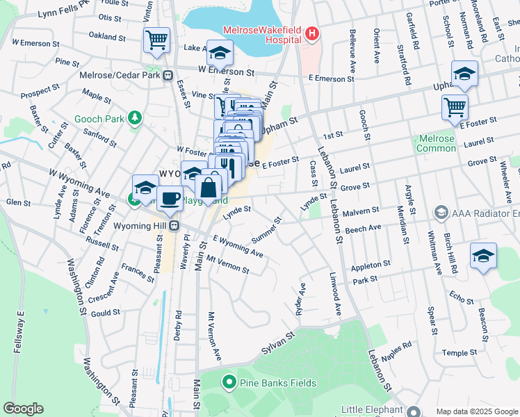 map of restaurants, bars, coffee shops, grocery stores, and more near 1 Grove Place in Melrose