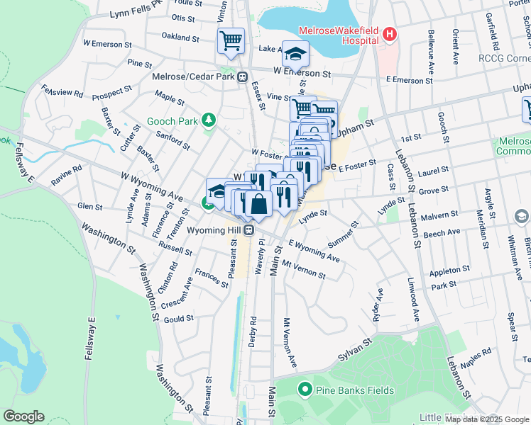 map of restaurants, bars, coffee shops, grocery stores, and more near 10 Grove Street in Melrose
