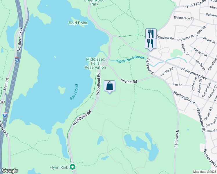 map of restaurants, bars, coffee shops, grocery stores, and more near 3 Woodland Road in Stoneham