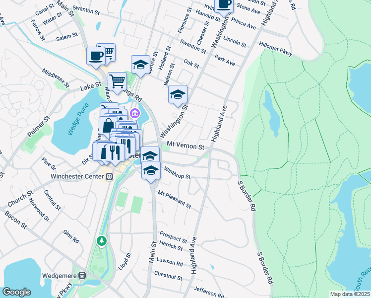 map of restaurants, bars, coffee shops, grocery stores, and more near 13-2 Mount Vernon Street in Winchester