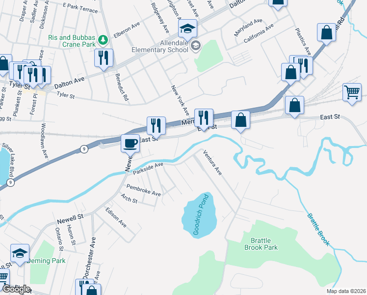 map of restaurants, bars, coffee shops, grocery stores, and more near 1311 East Street in Pittsfield