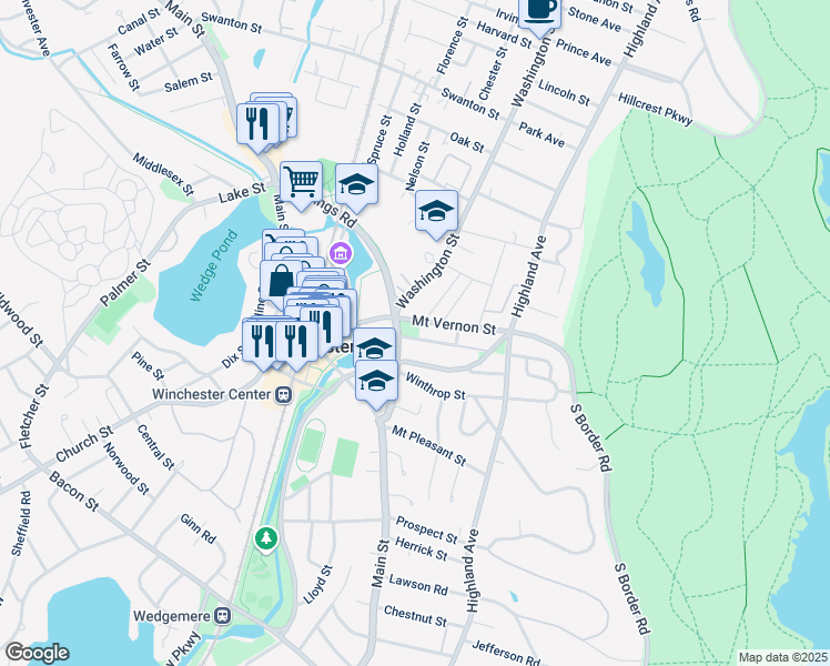 map of restaurants, bars, coffee shops, grocery stores, and more near 103 Mount Vernon Street in Winchester