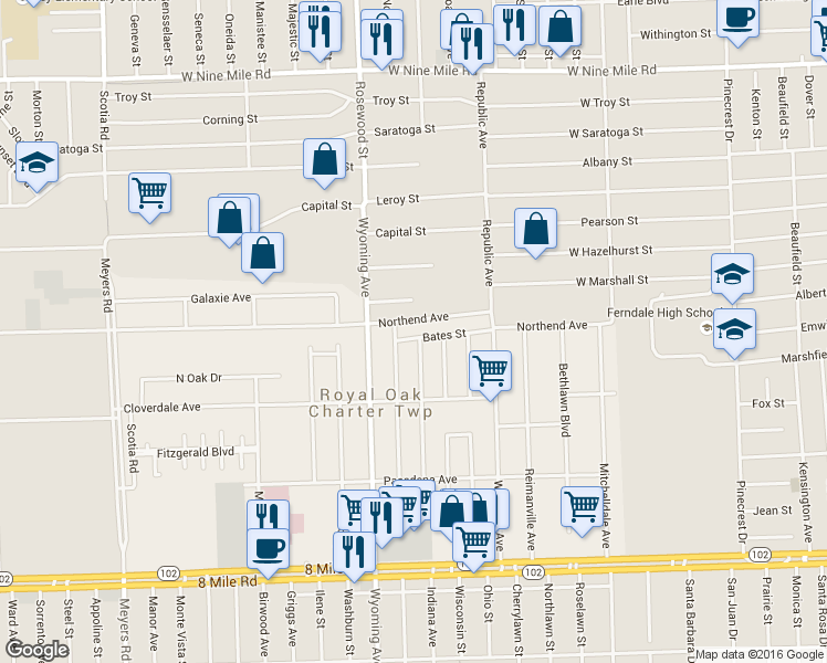 map of restaurants, bars, coffee shops, grocery stores, and more near 8813 Northend Avenue in Ferndale