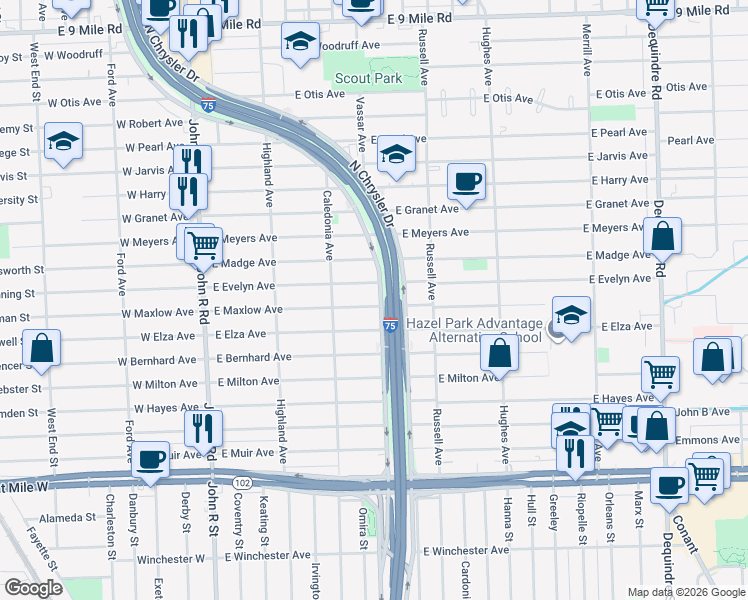 map of restaurants, bars, coffee shops, grocery stores, and more near 836 East Evelyn Avenue in Hazel Park