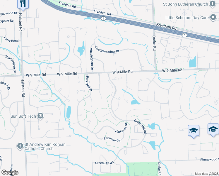 map of restaurants, bars, coffee shops, grocery stores, and more near 22225 Green Hill Road in Farmington Hills