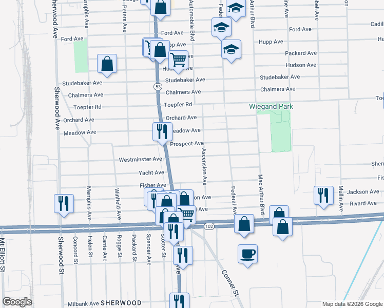 map of restaurants, bars, coffee shops, grocery stores, and more near 8120 Prospect Avenue in Warren