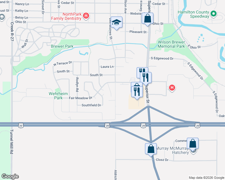 map of restaurants, bars, coffee shops, grocery stores, and more near 2300-2380 Des Moines Street in Webster City