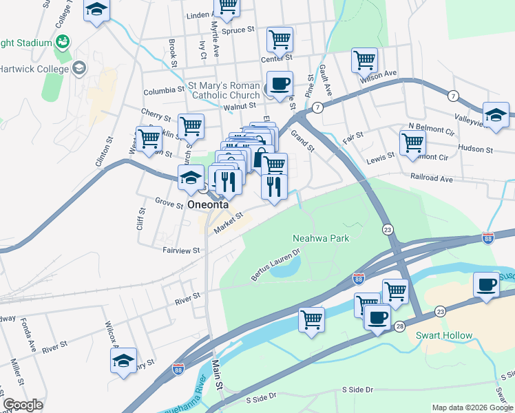 map of restaurants, bars, coffee shops, grocery stores, and more near 82 Market Street in Oneonta
