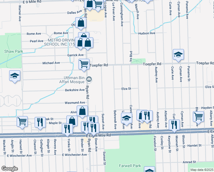 map of restaurants, bars, coffee shops, grocery stores, and more near 21356 Sunset Avenue in Warren