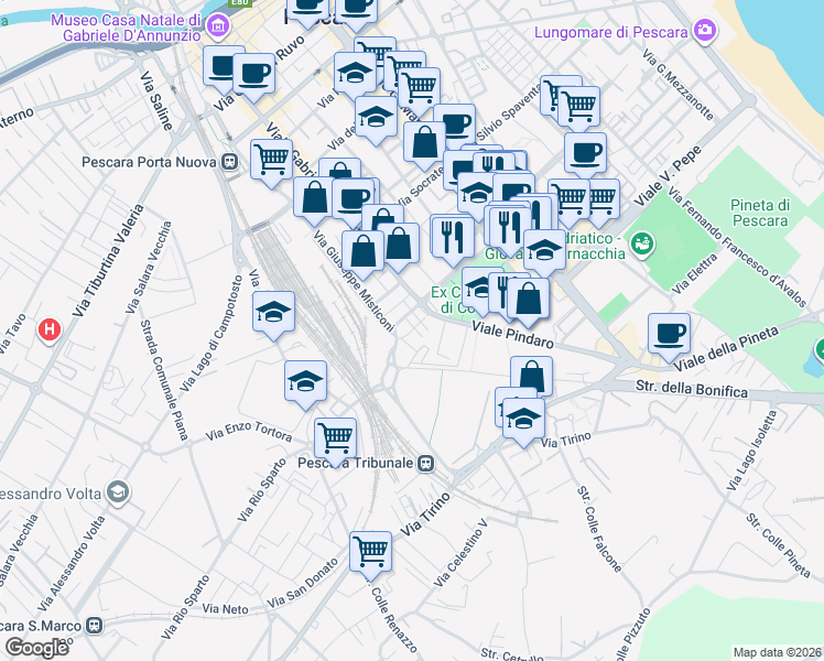 map of restaurants, bars, coffee shops, grocery stores, and more near Via Gioacchino da Fiore in Pescara