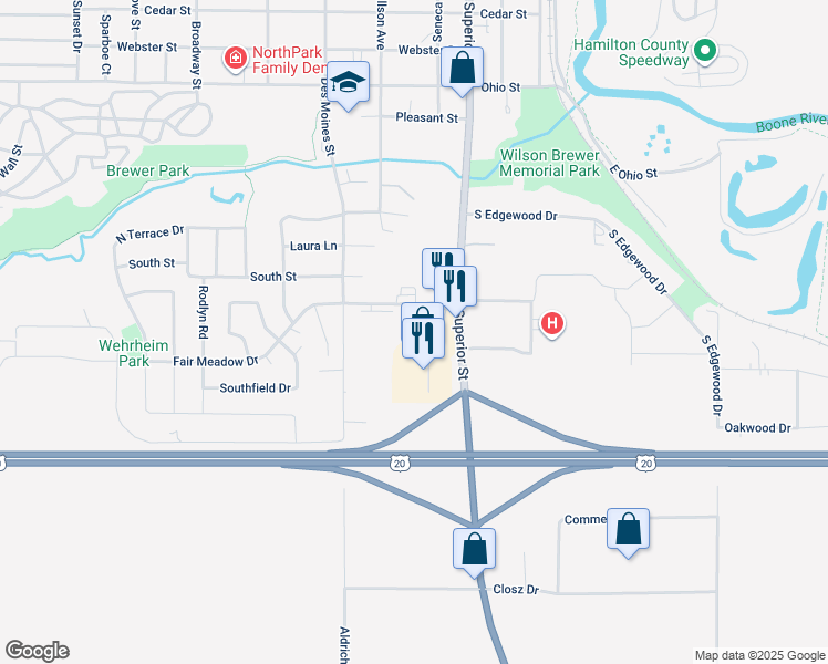 map of restaurants, bars, coffee shops, grocery stores, and more near 2307 Superior Street in Webster City