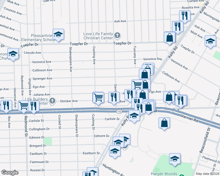map of restaurants, bars, coffee shops, grocery stores, and more near 17116 Ego Avenue in Eastpointe