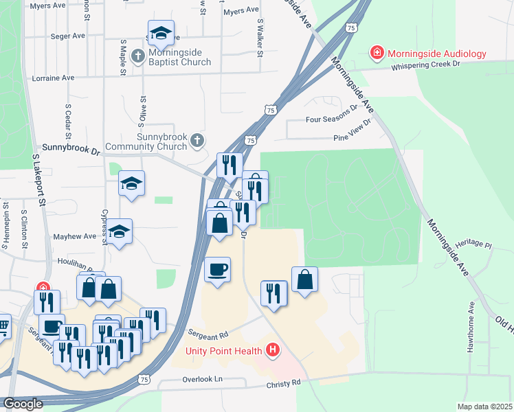 map of restaurants, bars, coffee shops, grocery stores, and more near 5700 Sunnybrook Drive in Sioux City