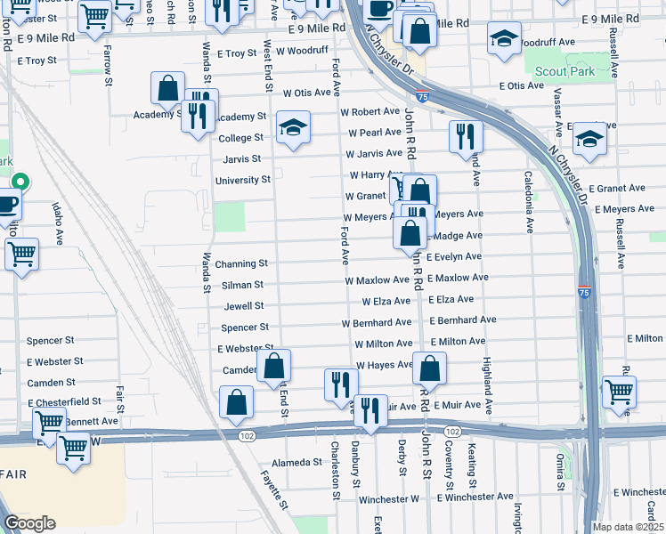 map of restaurants, bars, coffee shops, grocery stores, and more near 333 West Evelyn Avenue in Hazel Park