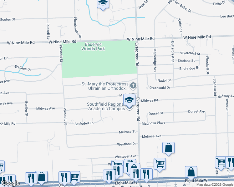 map of restaurants, bars, coffee shops, grocery stores, and more near 20212 Mada Avenue in Southfield