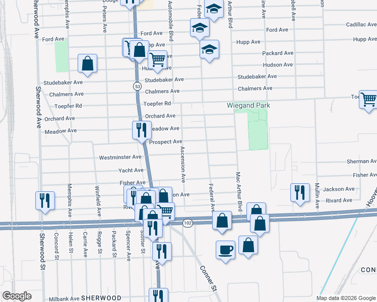 map of restaurants, bars, coffee shops, grocery stores, and more near 8219 Westminster Avenue in Warren