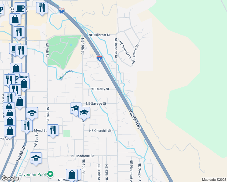 map of restaurants, bars, coffee shops, grocery stores, and more near 1081 Northeast Hefley Street in Grants Pass