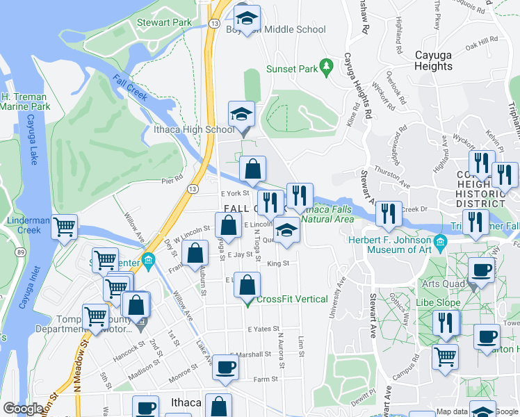 map of restaurants, bars, coffee shops, grocery stores, and more near 200 East Falls Street in Ithaca