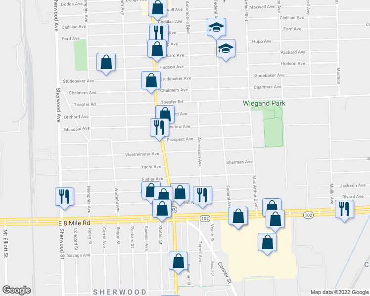 map of restaurants, bars, coffee shops, grocery stores, and more near 8101 Westminster Avenue in Warren