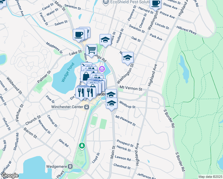 map of restaurants, bars, coffee shops, grocery stores, and more near 71 Mount Vernon Street in Winchester