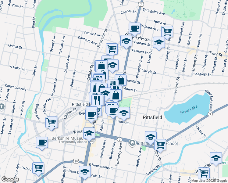 map of restaurants, bars, coffee shops, grocery stores, and more near 37 Melville Street in Pittsfield