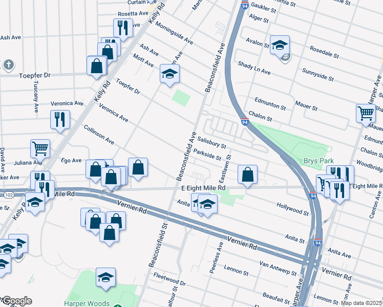 map of restaurants, bars, coffee shops, grocery stores, and more near 19511 Ridgemont Street in St. Clair Shores