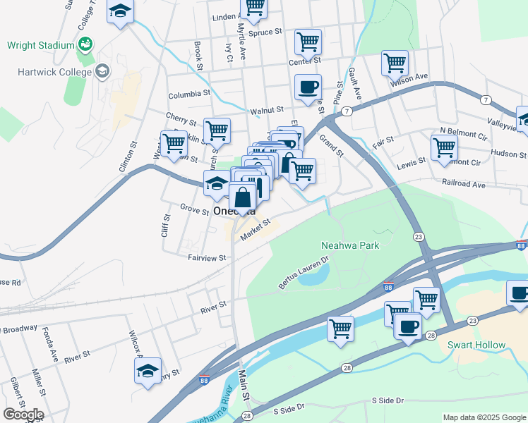 map of restaurants, bars, coffee shops, grocery stores, and more near 47 Market Street in Oneonta