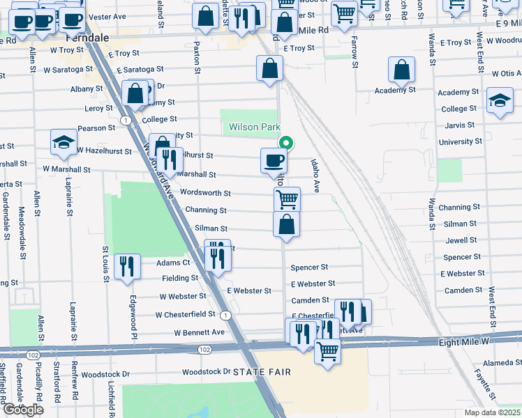 map of restaurants, bars, coffee shops, grocery stores, and more near 411 Channing Street in Ferndale