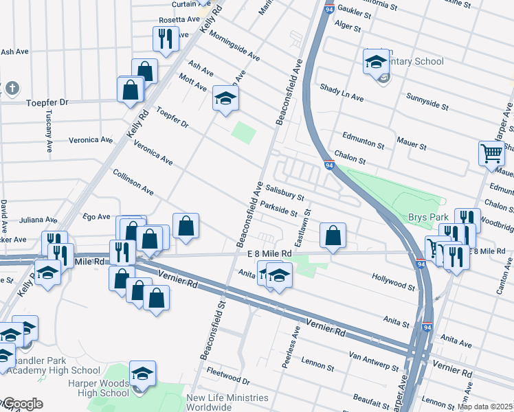 map of restaurants, bars, coffee shops, grocery stores, and more near 19511 Ridgemont Street in St. Clair Shores