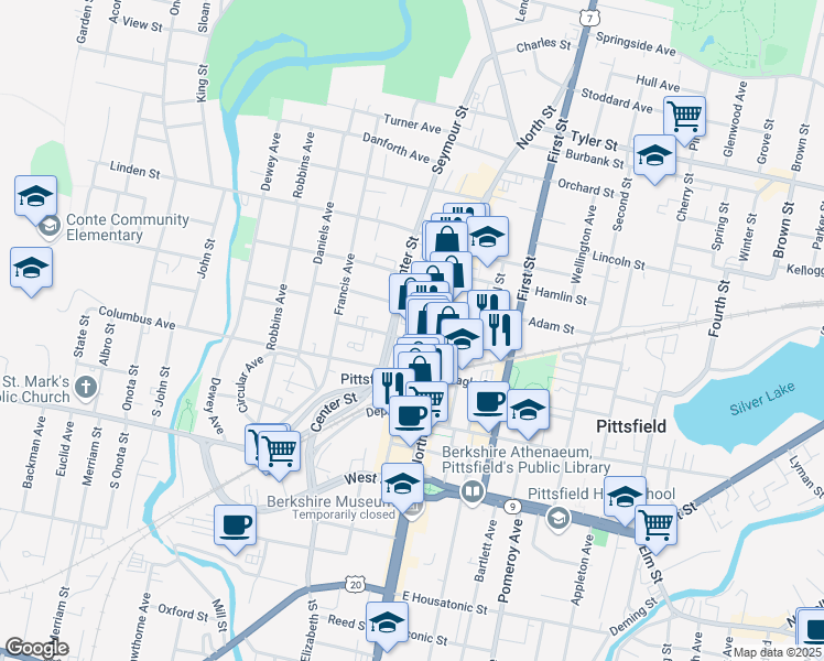 map of restaurants, bars, coffee shops, grocery stores, and more near 42 Summer Street in Pittsfield