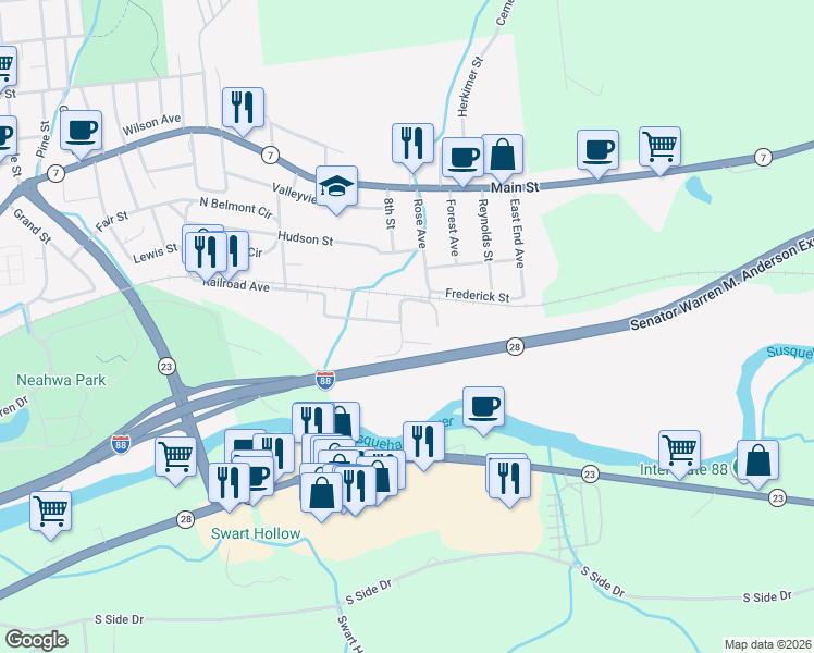 map of restaurants, bars, coffee shops, grocery stores, and more near 19-21 Susquehanna Street in Oneonta