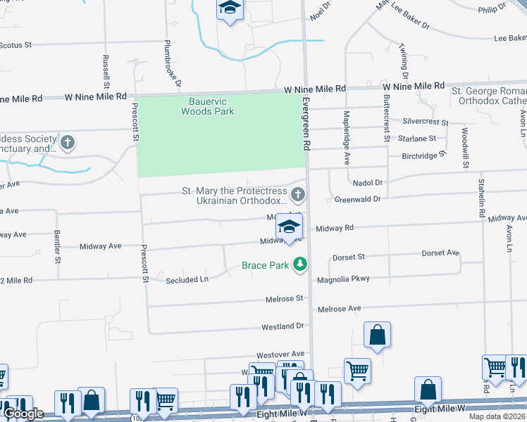 map of restaurants, bars, coffee shops, grocery stores, and more near 20212 Mada Ave in Southfield