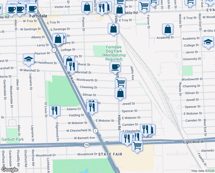 map of restaurants, bars, coffee shops, grocery stores, and more near 411 Channing Street in Ferndale