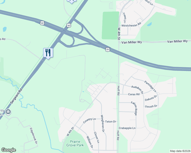 map of restaurants, bars, coffee shops, grocery stores, and more near 2332 Dusty Road in Waterloo