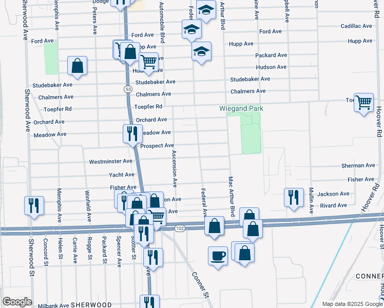 map of restaurants, bars, coffee shops, grocery stores, and more near 8269 Westminster Avenue in Warren