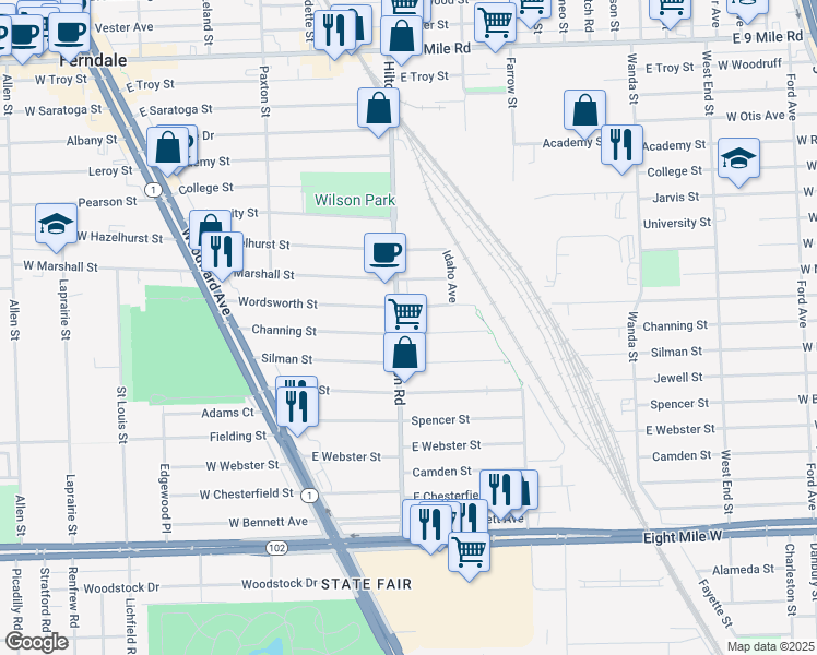 map of restaurants, bars, coffee shops, grocery stores, and more near 800 Hilton Road in Ferndale