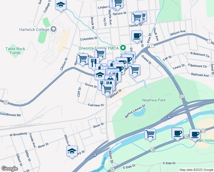 map of restaurants, bars, coffee shops, grocery stores, and more near in Oneonta