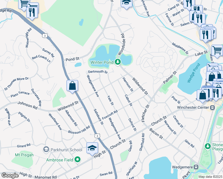 map of restaurants, bars, coffee shops, grocery stores, and more near 64 Oxford Street in Winchester