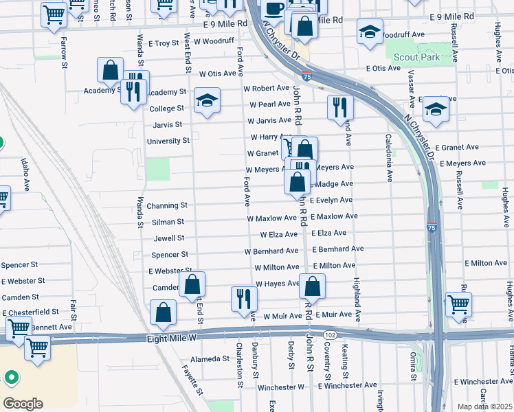 map of restaurants, bars, coffee shops, grocery stores, and more near 149 West Evelyn Avenue in Hazel Park
