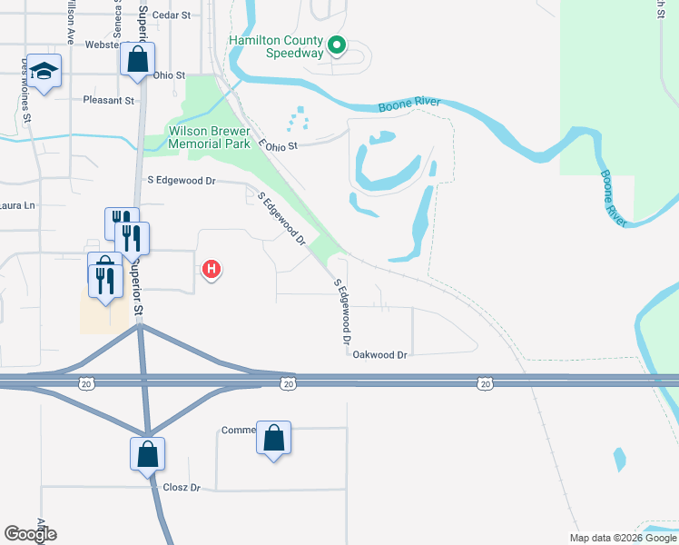 map of restaurants, bars, coffee shops, grocery stores, and more near 2130 South Edgewood Drive in Webster City